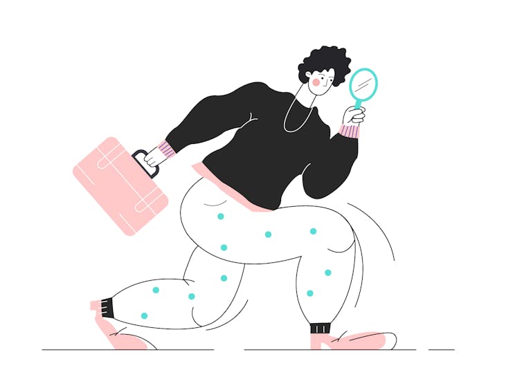 Illustration of a freelance graphic designer looking for freelance jobs with a magnifying glass and briefcase.